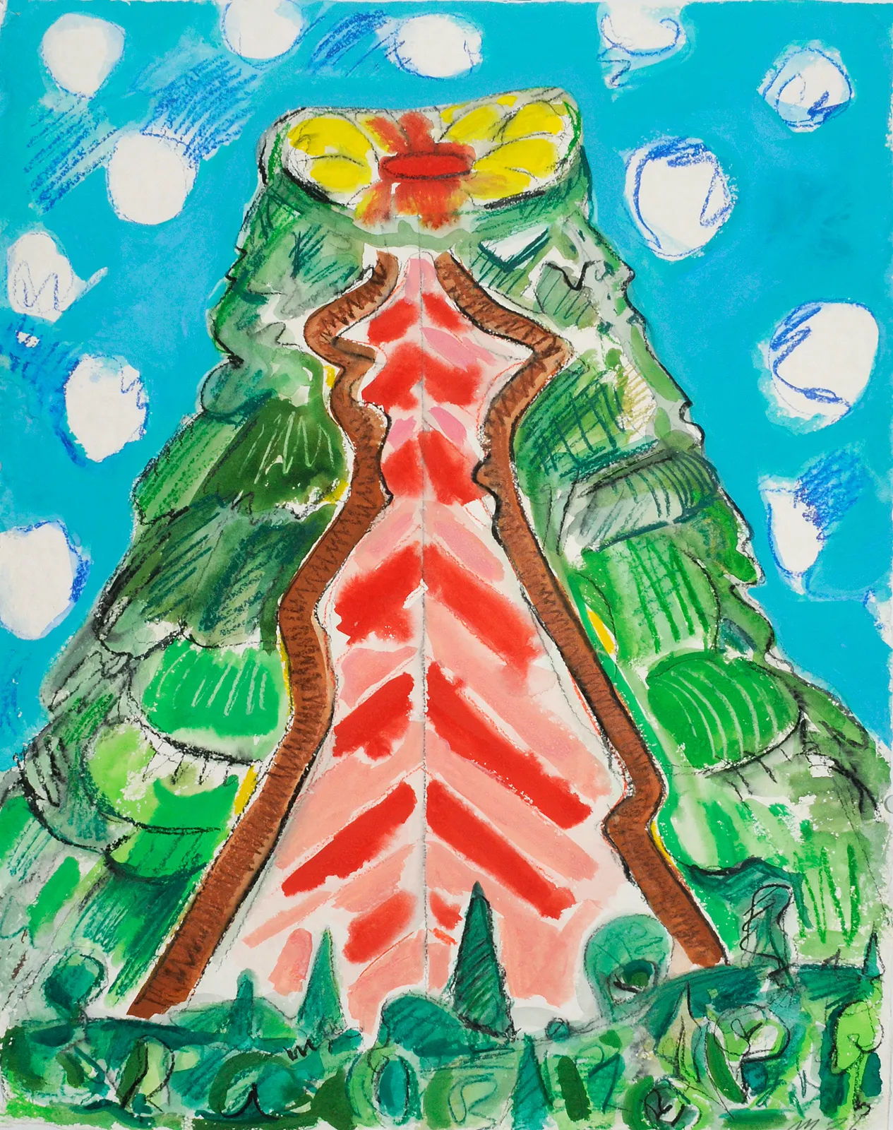 Dissected Volcano, Mixed Media on Paper, 30x23", 2026