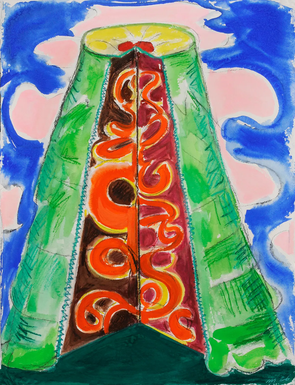 Dissected Volcano, Mixed Media on Paper, 30x23", 2026