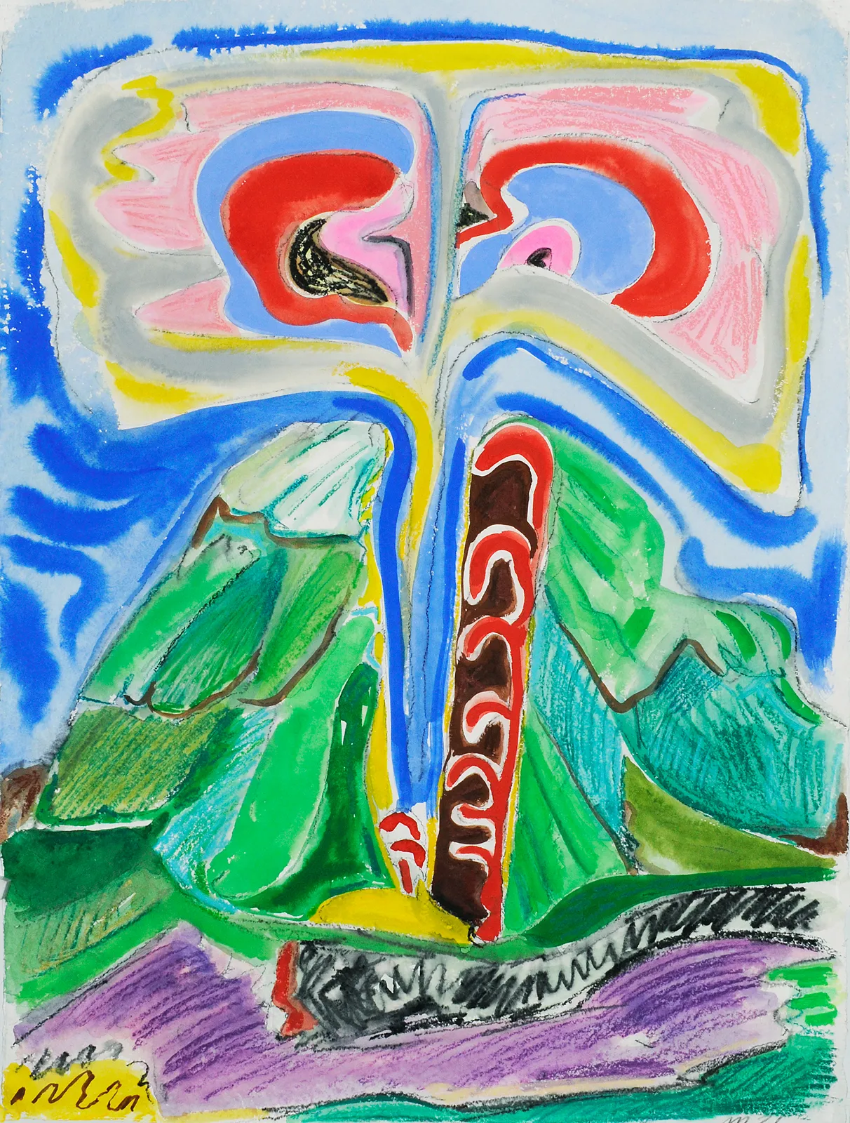 Dissected Volcano, Mixed Media on Paper, 30x23", 2026