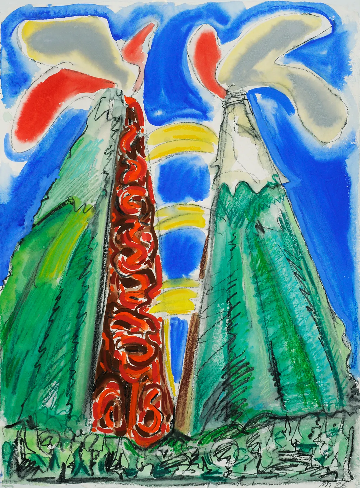 Dissected Volcano, Mixed Media on Paper, 30x23", 2026