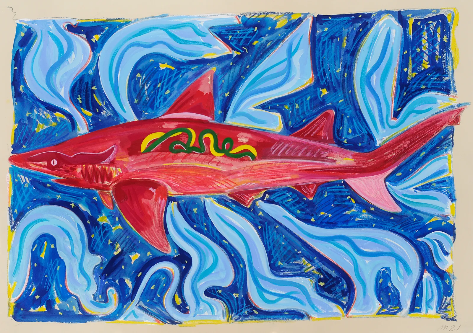 Night Shark, Gouache, Crayon, and Oil Pastel on Paper, 29.5x42", 2021