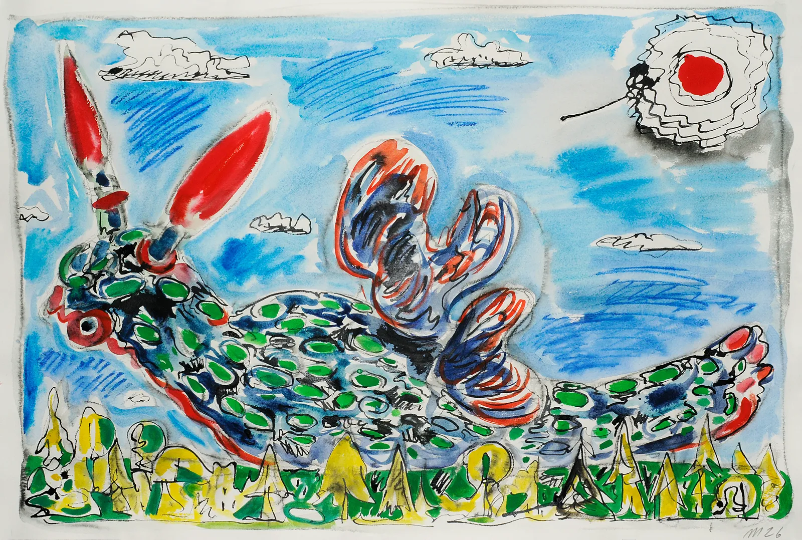 Giant Nudibranch in Landscape, Mixed Media on paper, 21x31", 2026