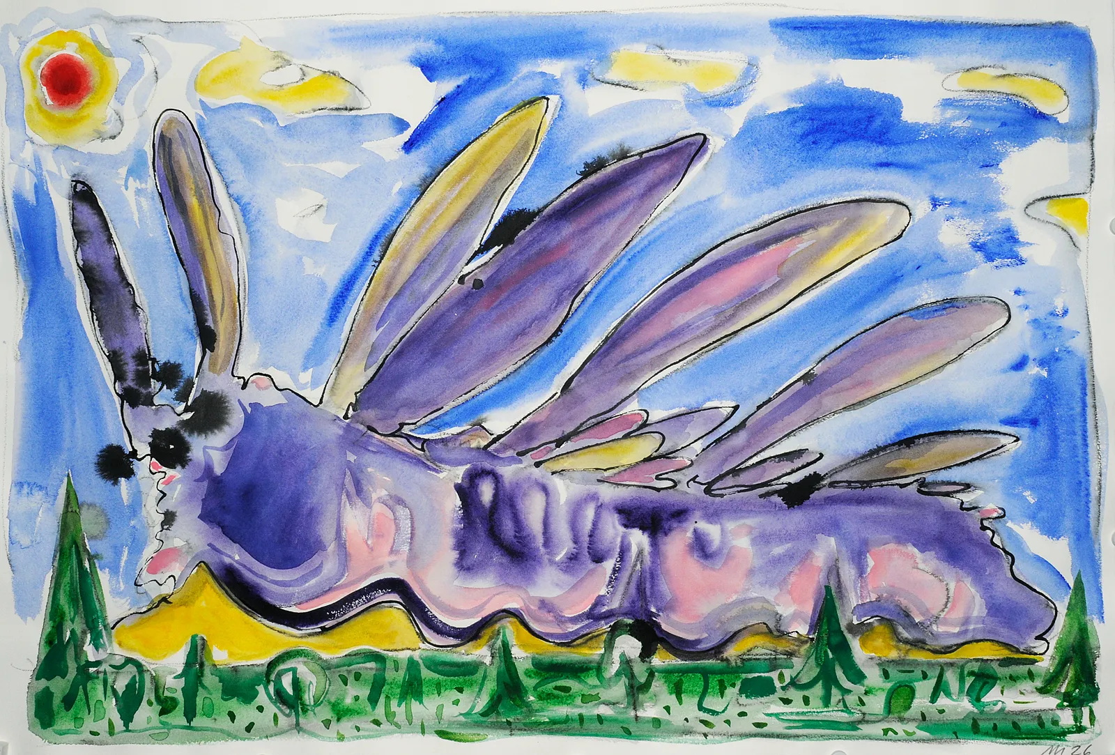 Giant Nudibranch in Landscape, Mixed Media on paper, 21x31", 2026