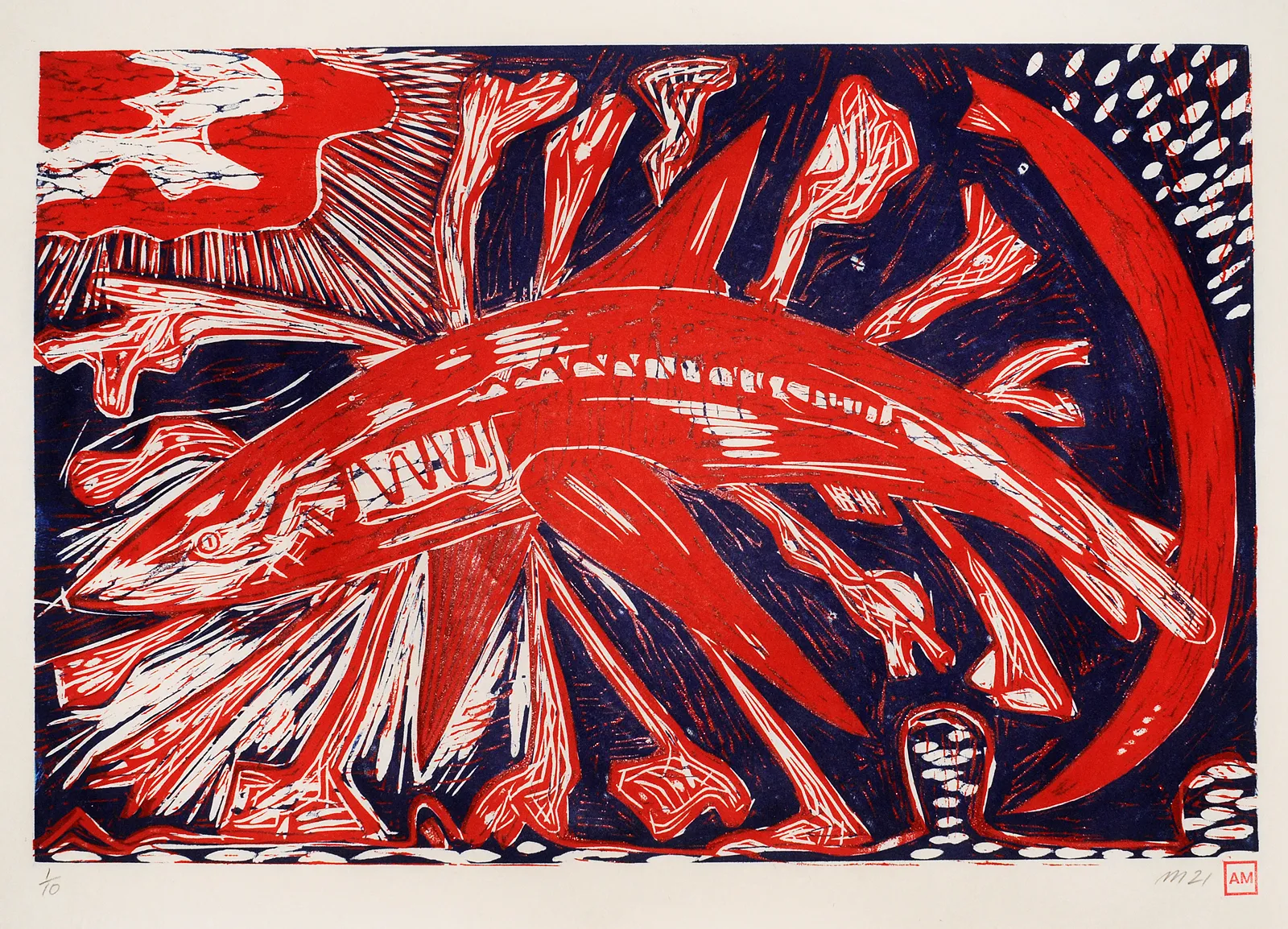 Exploding Shark (Don't Fish With Dynamite), 2 Color Woodcut on Nishinouchi Paper, 29x42", Edition of 10, 2021 Printed by the Artist