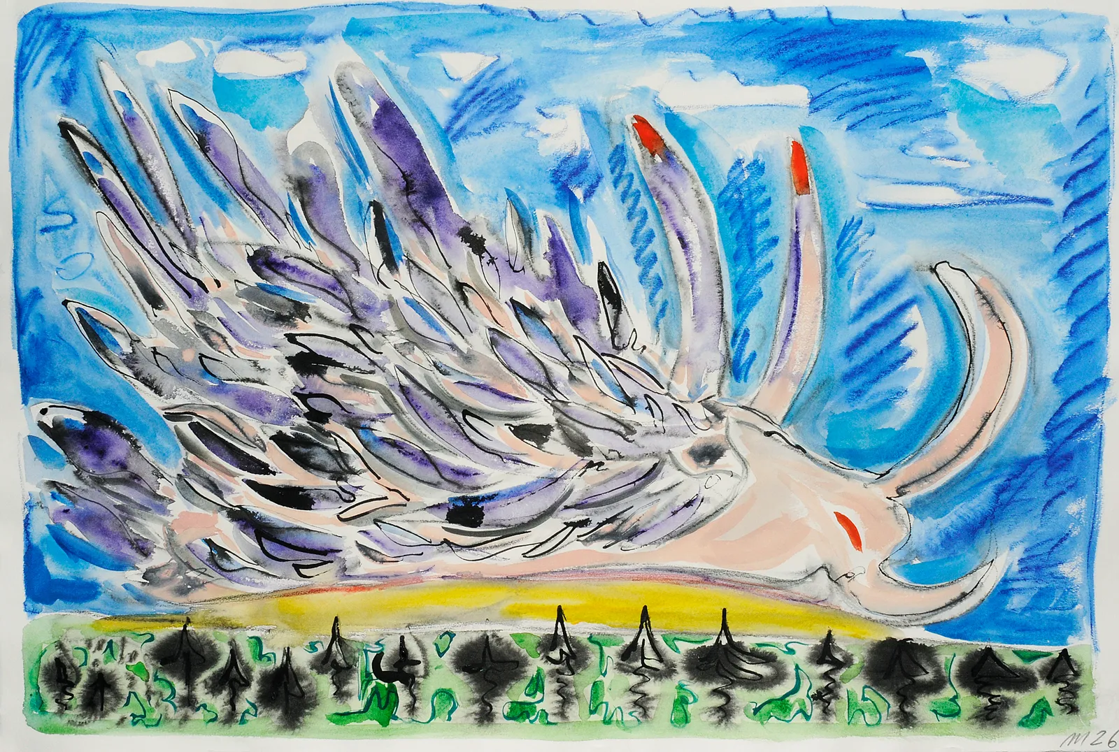 Giant Nudibranch in Landscape, Mixed Media on paper, 21x31", 2026