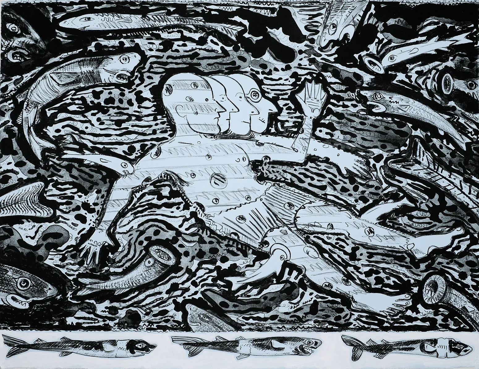 Man Contemplating the Cookie Cutter Shark, Lithograph on Magnani Pescia Blue with White Gouache Addition, Edition of 12, 22x30", 2023 Printed at Milestone Graphics