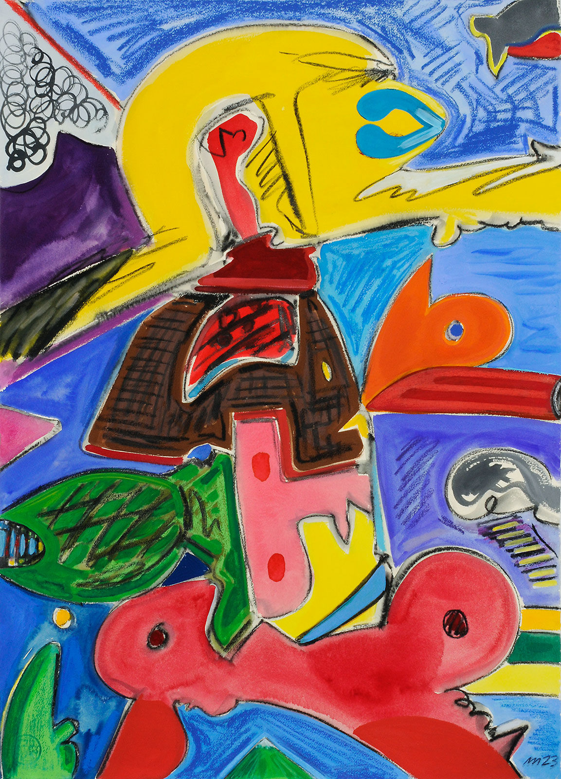 Samurai with a Gun, Oil Pastel, Crayon, and Gouache on Paper, 30x22", 2023