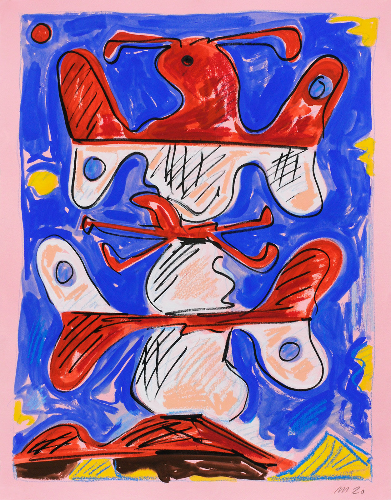 Untitled Monument, Gouache, Crayon, and Pastel on Pink Paper, 20x16" , 2020