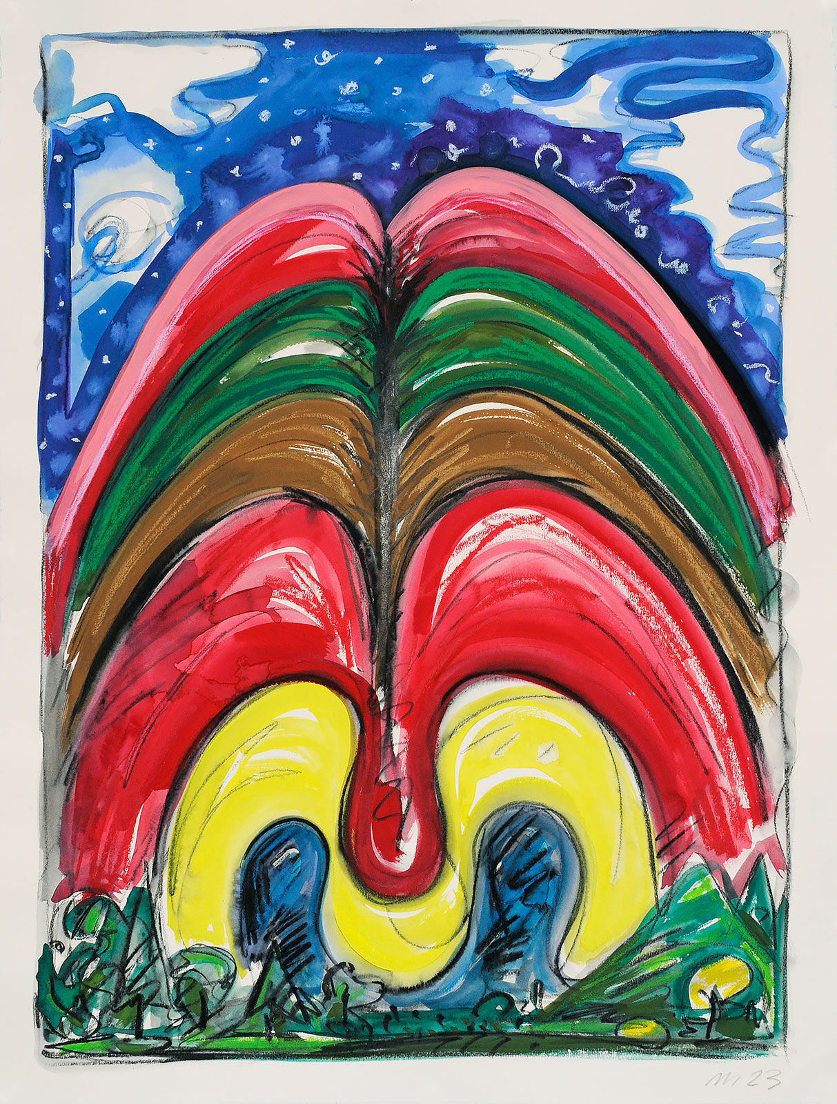 Double Night Rainbow, Mixed Media on Paper, 30x22", 2023