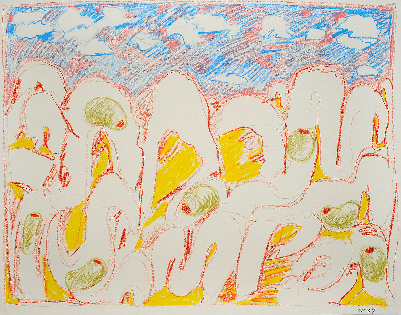 Digesting Olives, Crayon on Paper, 18x23", 2011