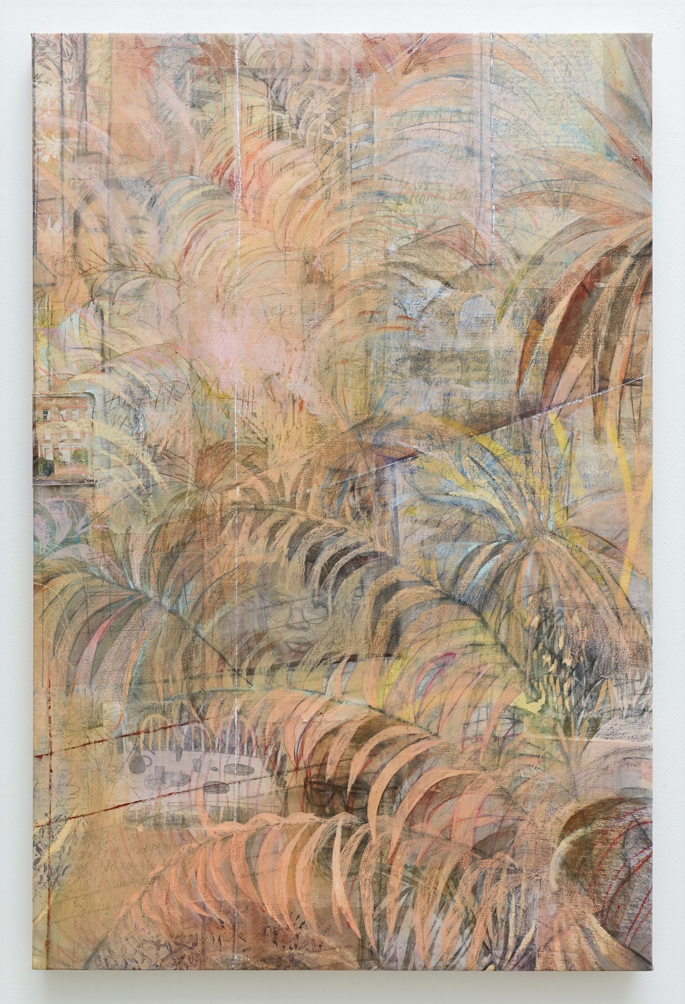 Alya Hatta Chapter I: The Afternoon, 2026 Oil, acrylic, pastel, graphite, image transfer on canvas 150 x 100 cm