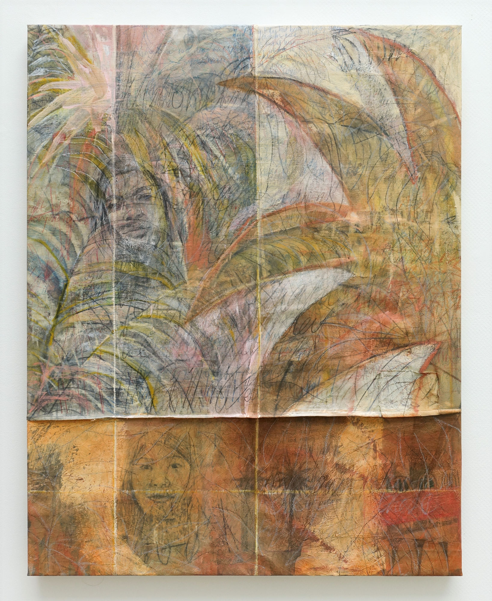 Alya Hatta Chapter II: Home Away From Home, 2026 Oil, acrylic, pastel, graphite, image transfer on canvas 130 x 100 cm