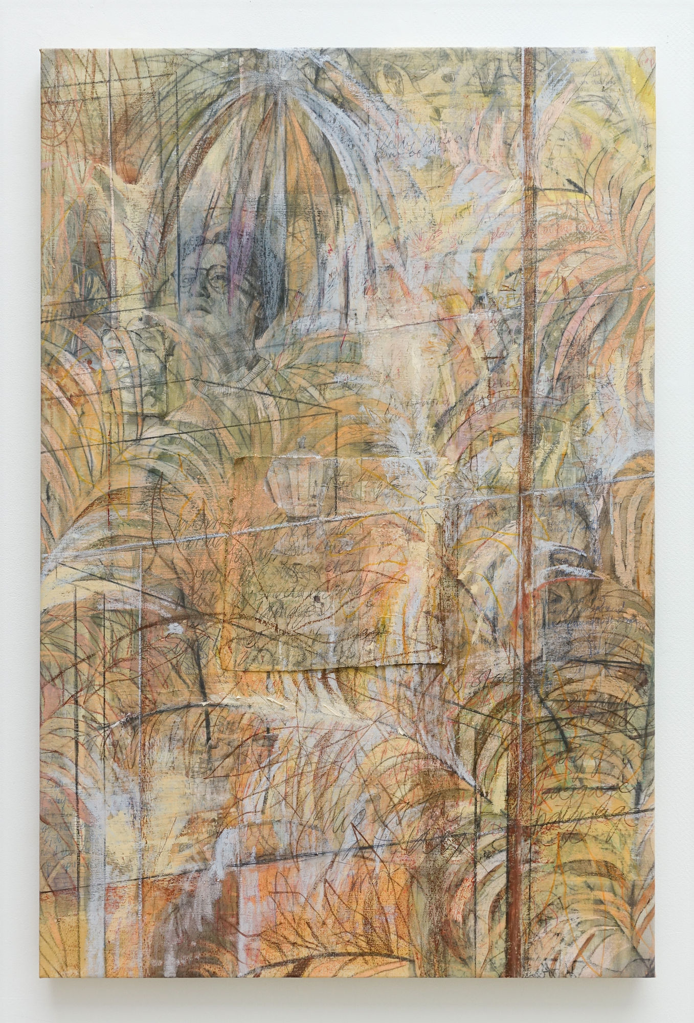 Alya Hatta Chapter IV: Someone Asked For Coffee, 2026 Oil, acrylic, pastel, graphite, image transfer on canvas 150 x 100 cm