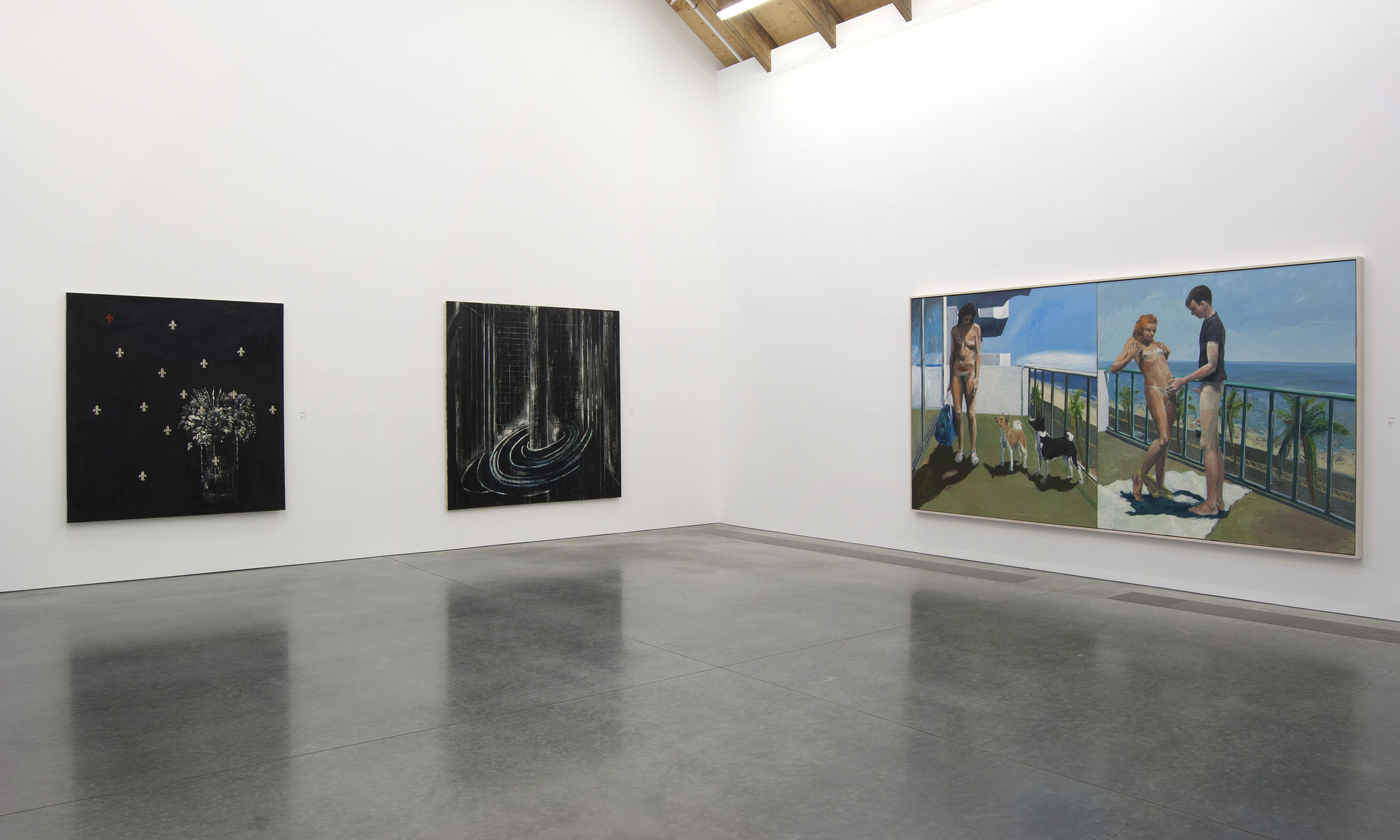 Installation View. (From left to right) Ross Bleckner, Swordflower, 1985, Collection of the artist. Ross Bleckner, The Spoilous, 1981, Collection of the artist. Eric Fischl, Dog Days, 1983, Hall Collection. Photo: Gary Mamay