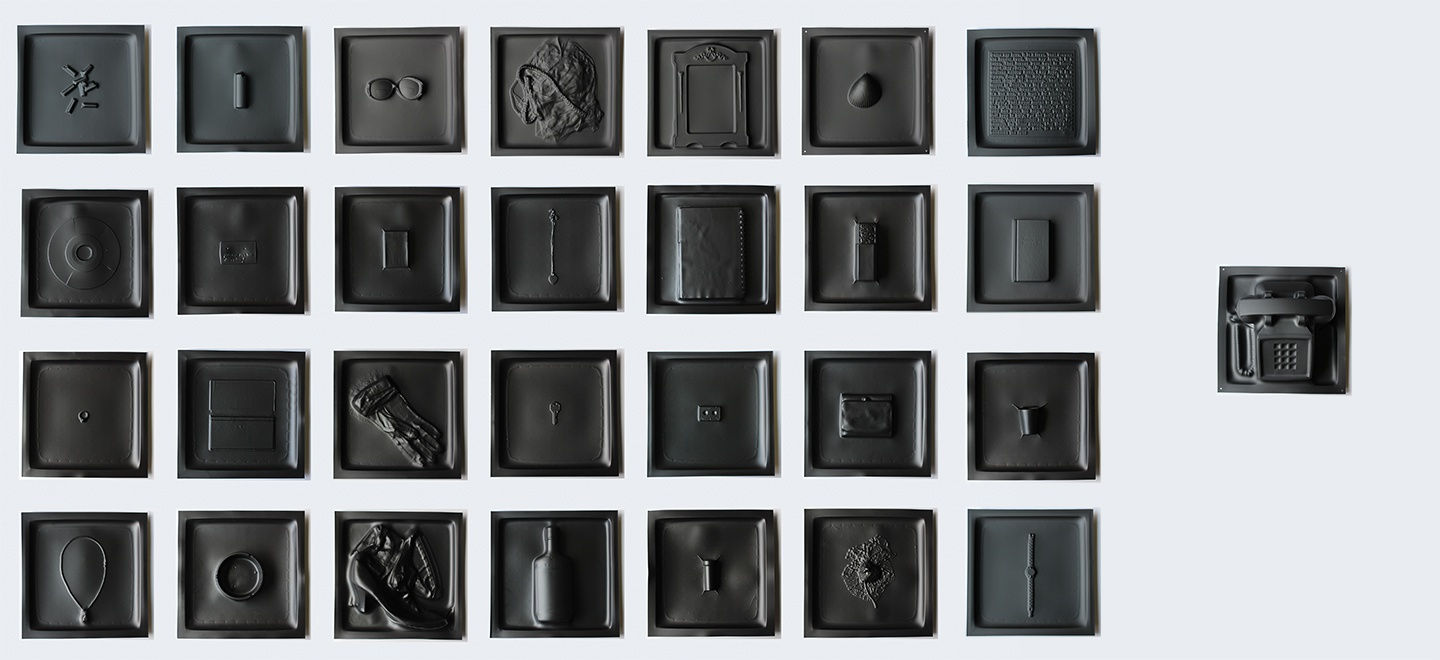 Industrial Poems Vacuum formed black polystyrene 29 panels each 12 x 12 inches Overall dimensions 60 x 84 inches
