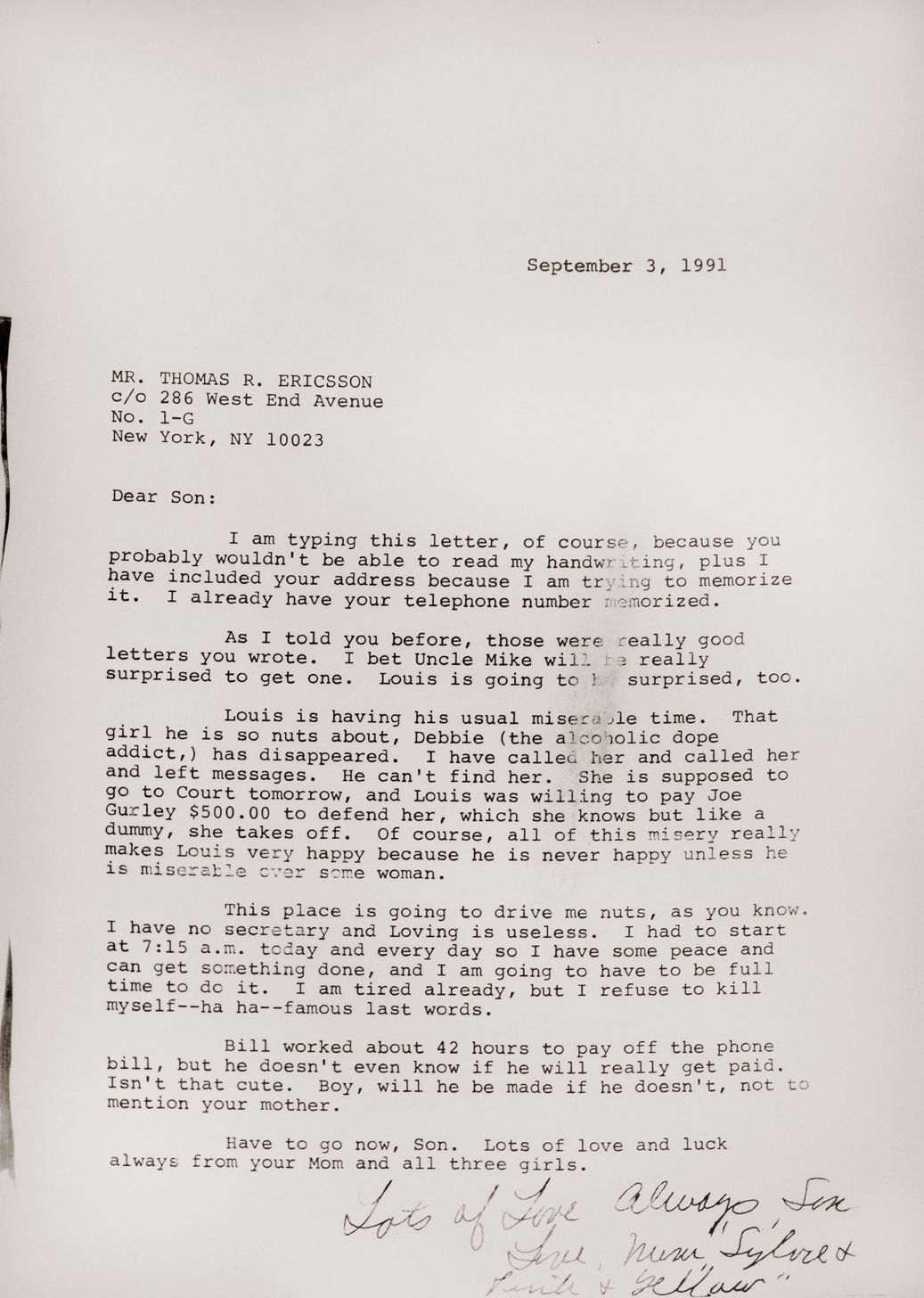 Letter, September 3, 1991, 2015 Graphite, resin and funerary ash on muslin 84 x 60 inches