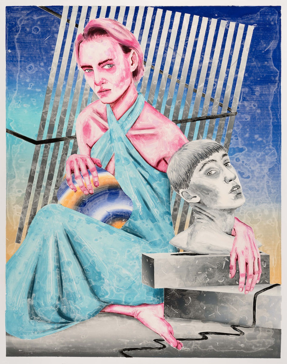 Monotype, oil color and wax pastel on paper