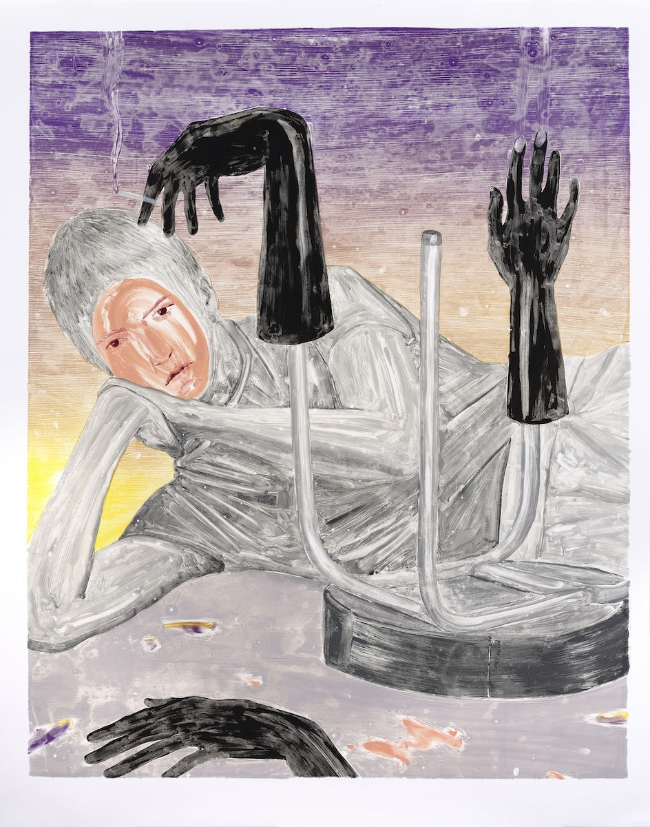 Monotype, oil color and wax pastel on paper