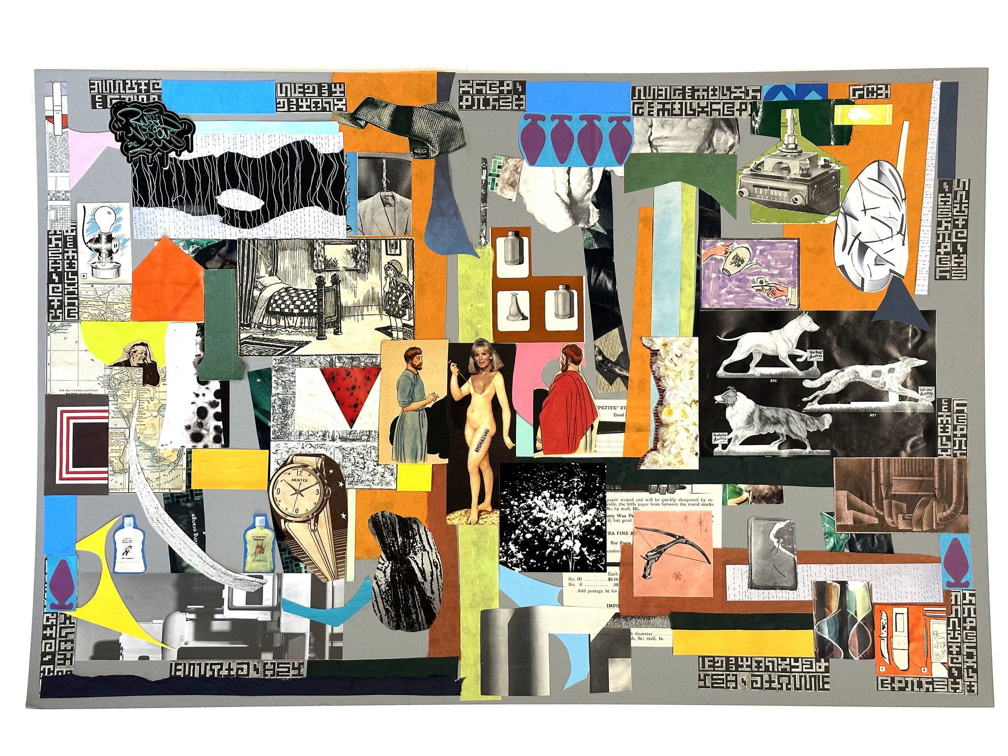 Classical Scene (Biohazard), 2023 Collage, marker and acrylic on poster board