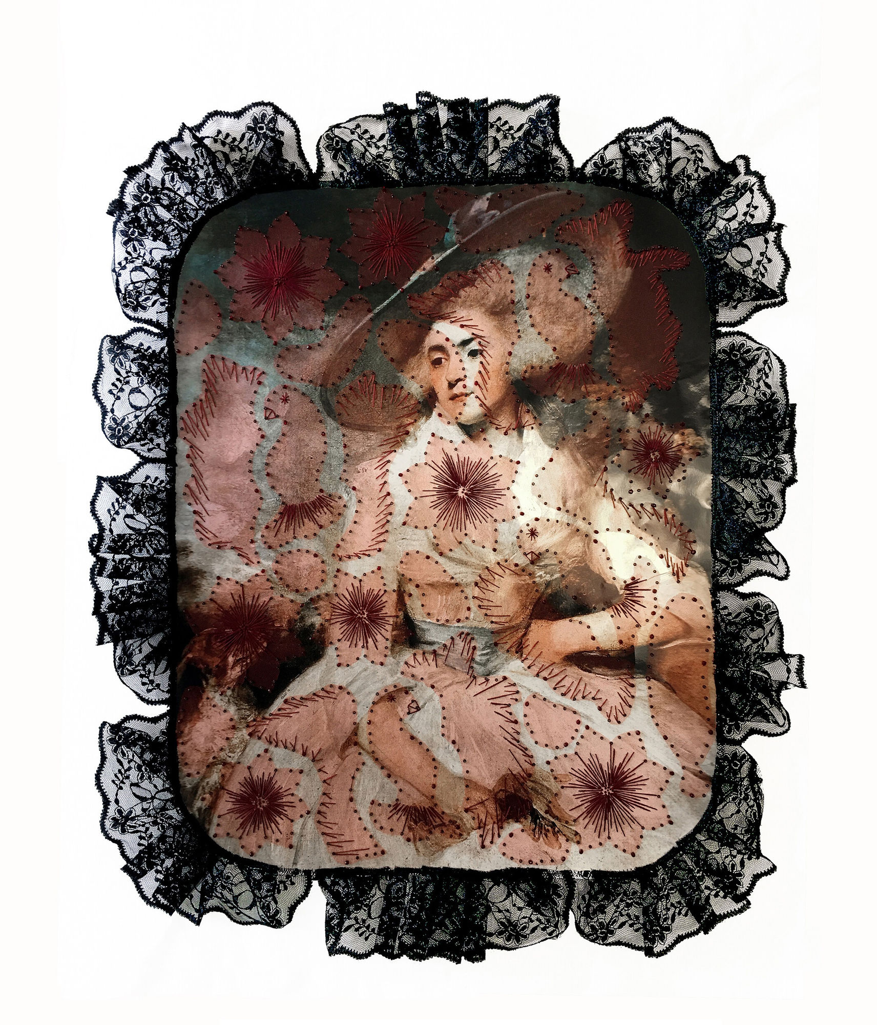Family Portraits III, 2022 Pearl paper print, textile intervention. Frame made with lace