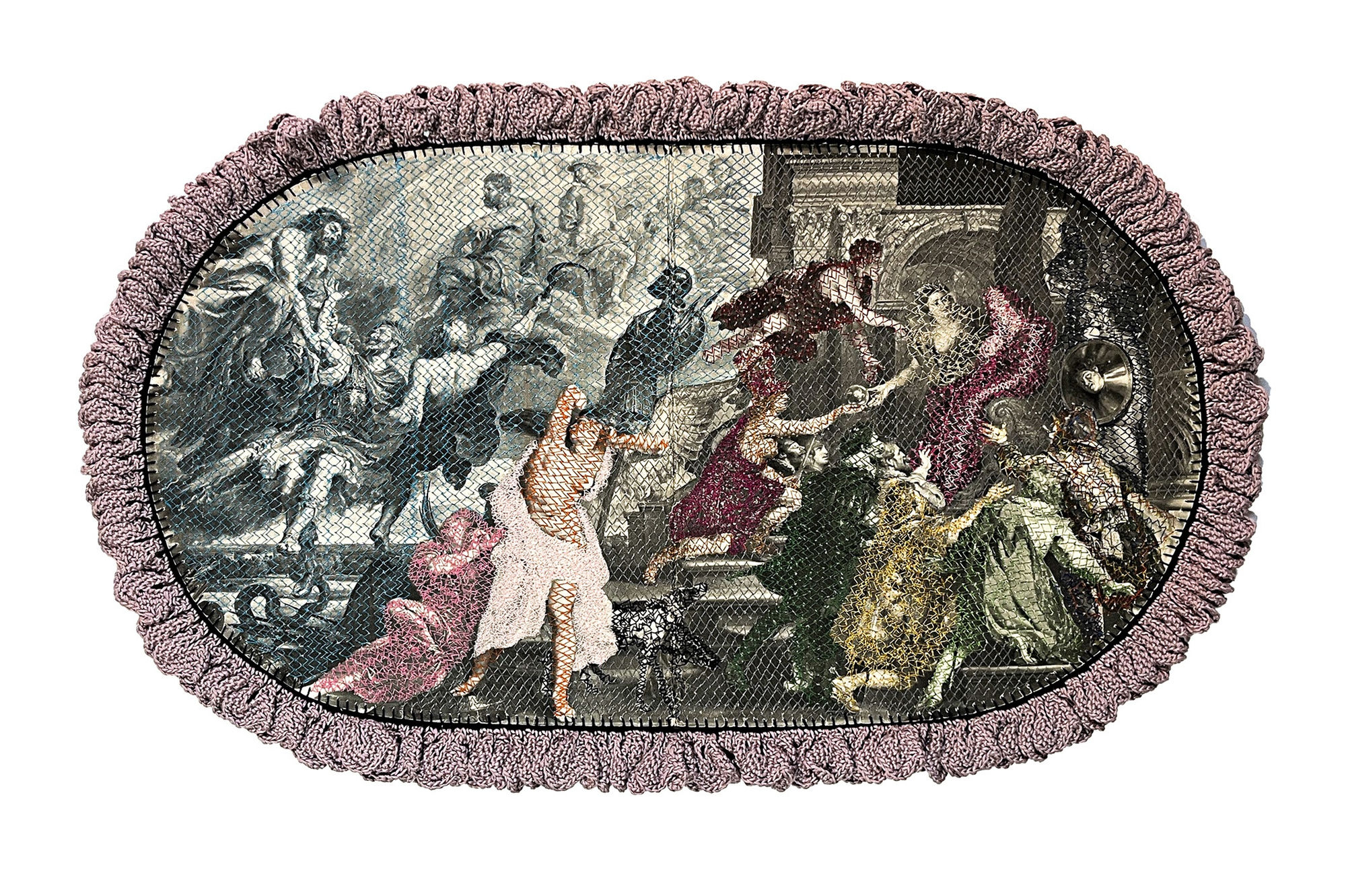 Doily, 2020 Art history book page, textile intervention. Frame in crochet