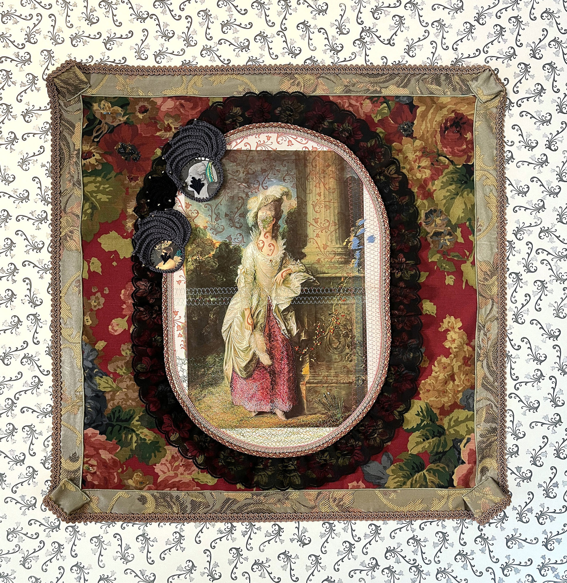 Ornament I, Family Portraits Series, 2024 Textile, paper, prints, embroidery, fabrics, mixed media, linoleum engraving