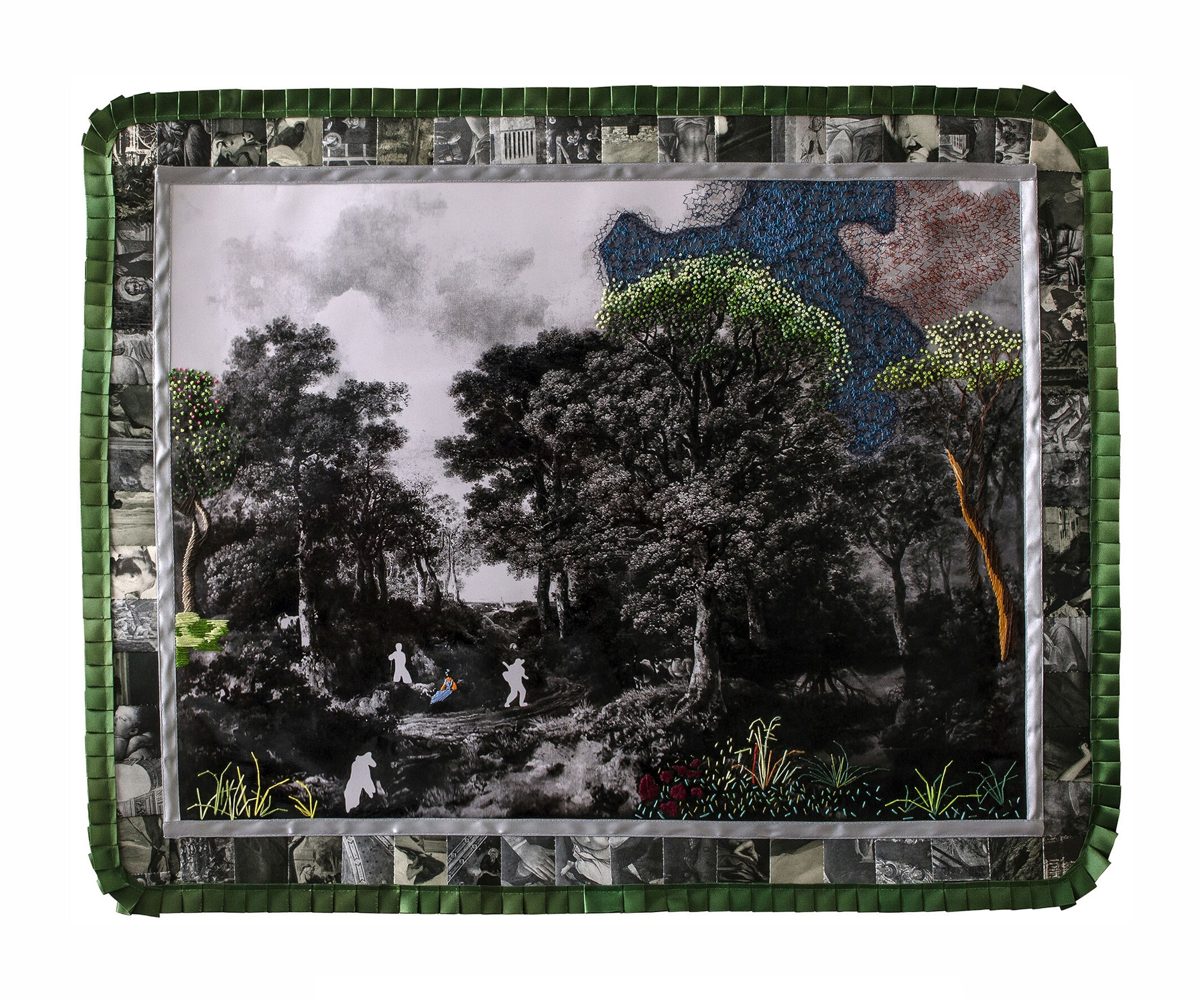 Window, 2022 Pearl paper print, pages of art history books, textile intervention.