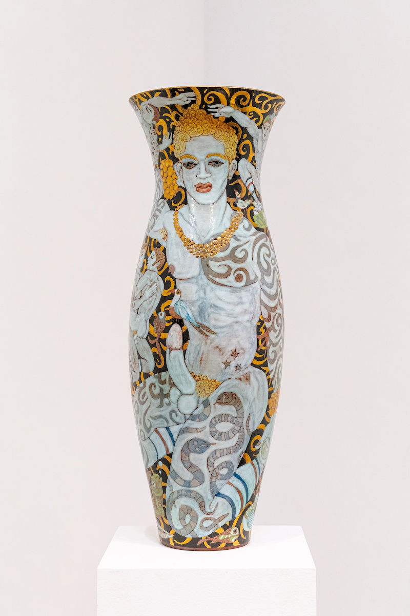The Golden Cock Vase, 2009 Artwork is signed on the bottom Ceramic, faience, and gold