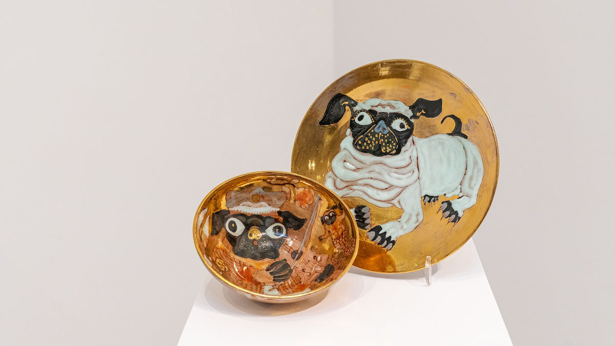 Set with Pugs, 2008 Artwork is signed on the back Ceramic, faience, and gold