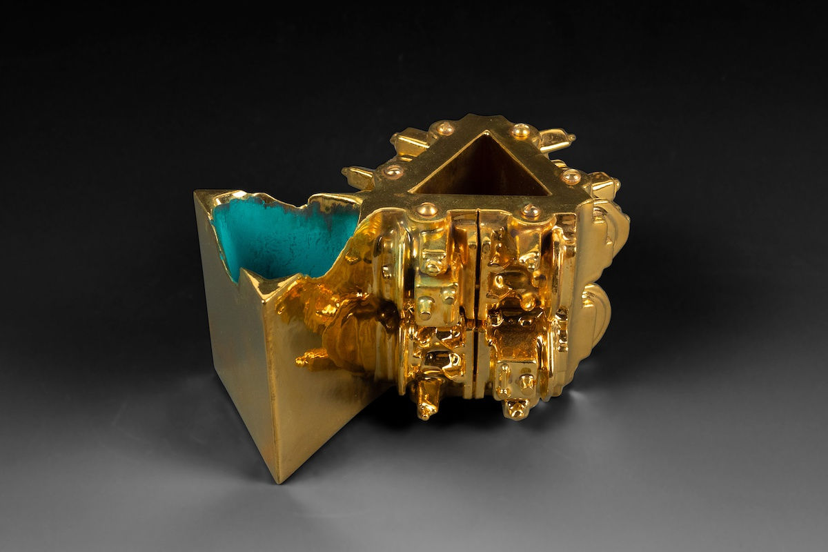 Euclidean Cup with Triangulation, 2021 Artwork is stamped on the bottom Gold Luster Glaze, Oil Painted Earthenware