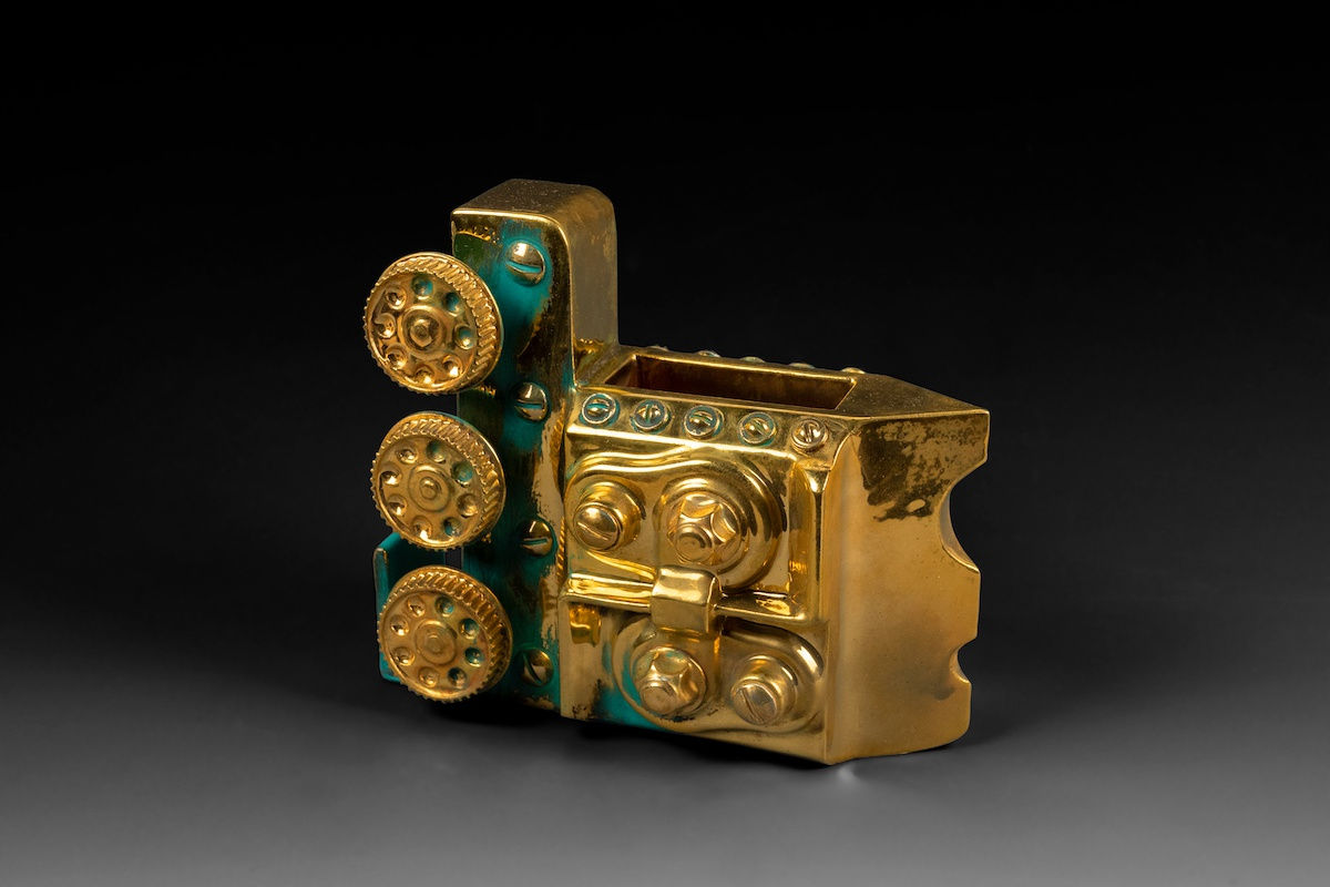 Euclidean Cup, Forge, Six Gears, 2021 Artwork is stamped on the bottom Gold Luster Glaze, Oil Painted Earthenware