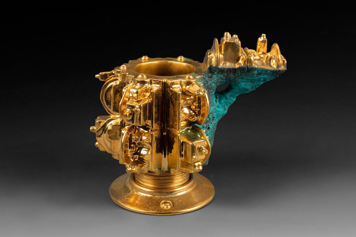 Euclidean Cup with Drip, 2020 Artwork is stamped on the bottom Gold Luster Glaze, Oil Painted Earthenware