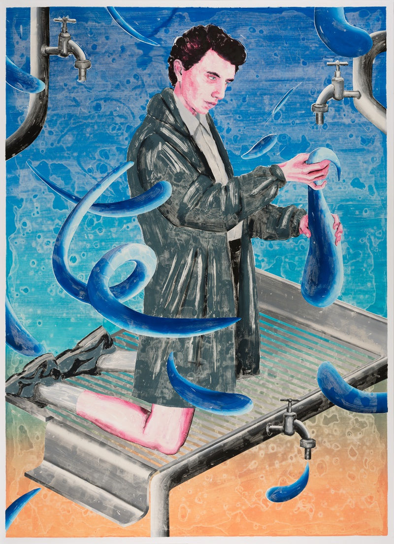 He was a solid explorer in a fluid world., 2019 Artwork is signed on the back Monotype, oil color and wax pastel on paper