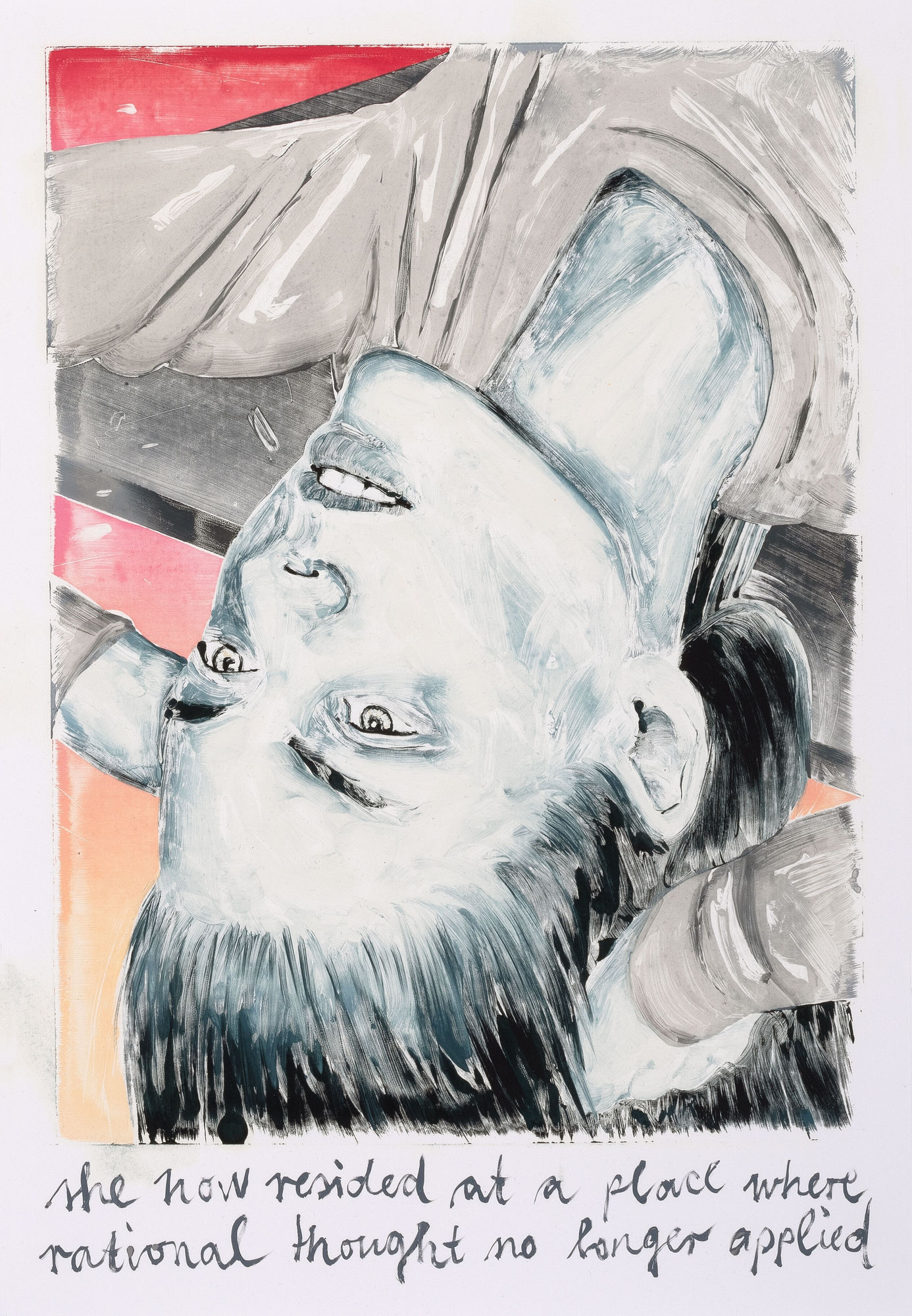 She now resided at a place, where rational thought no longer applied, 2019 Monotype, oil color on paper