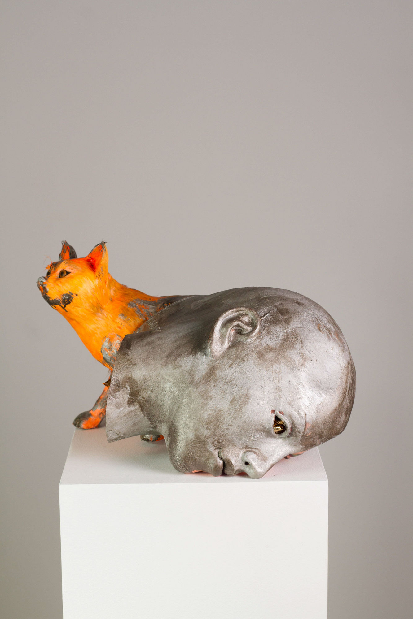 Spy Cat, 2018 Rubber mask, taxidermy cat, aluminum paint, acrylic paint