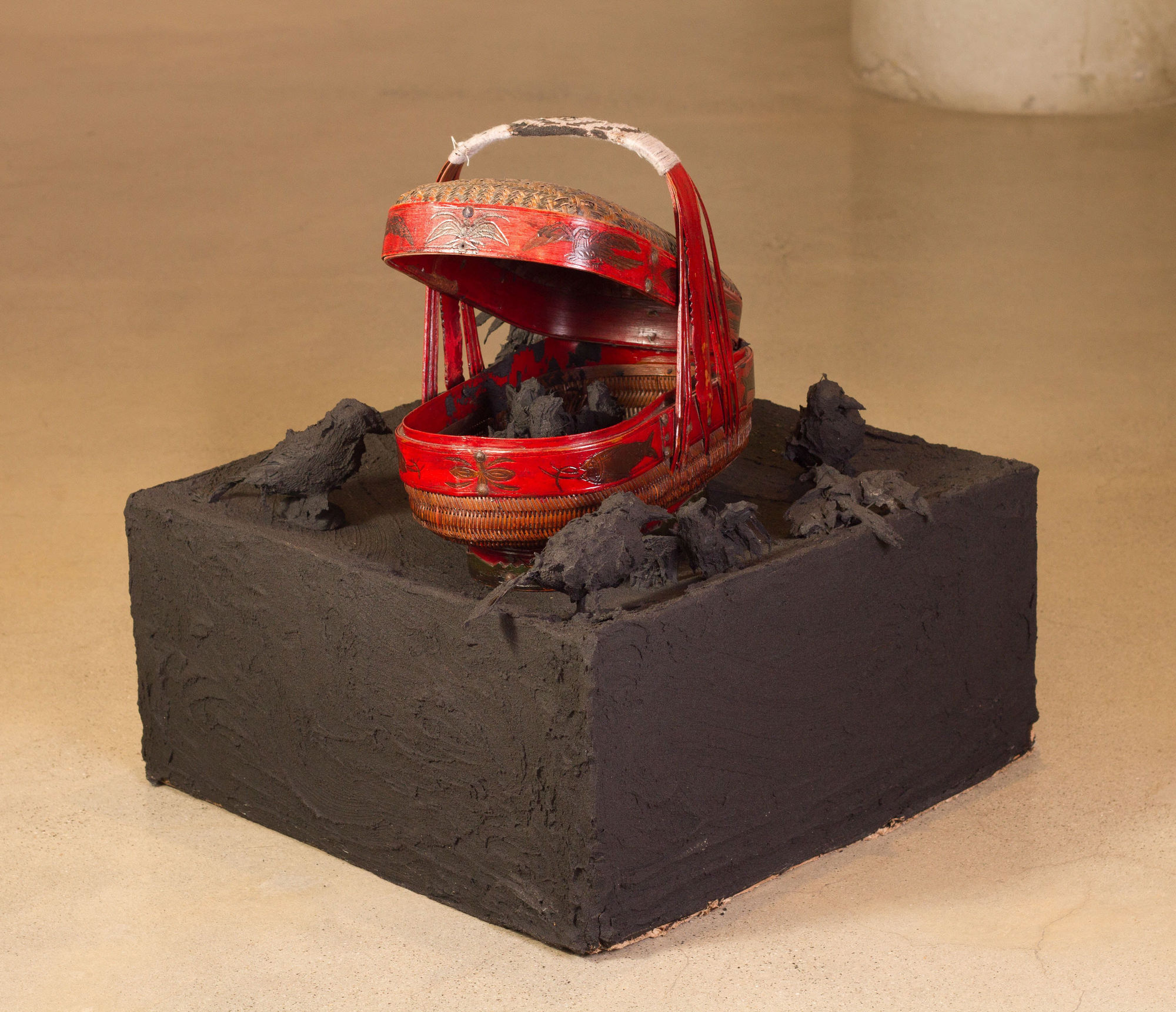 Bird Basket, 2018 Asphalt, basket, craft birds