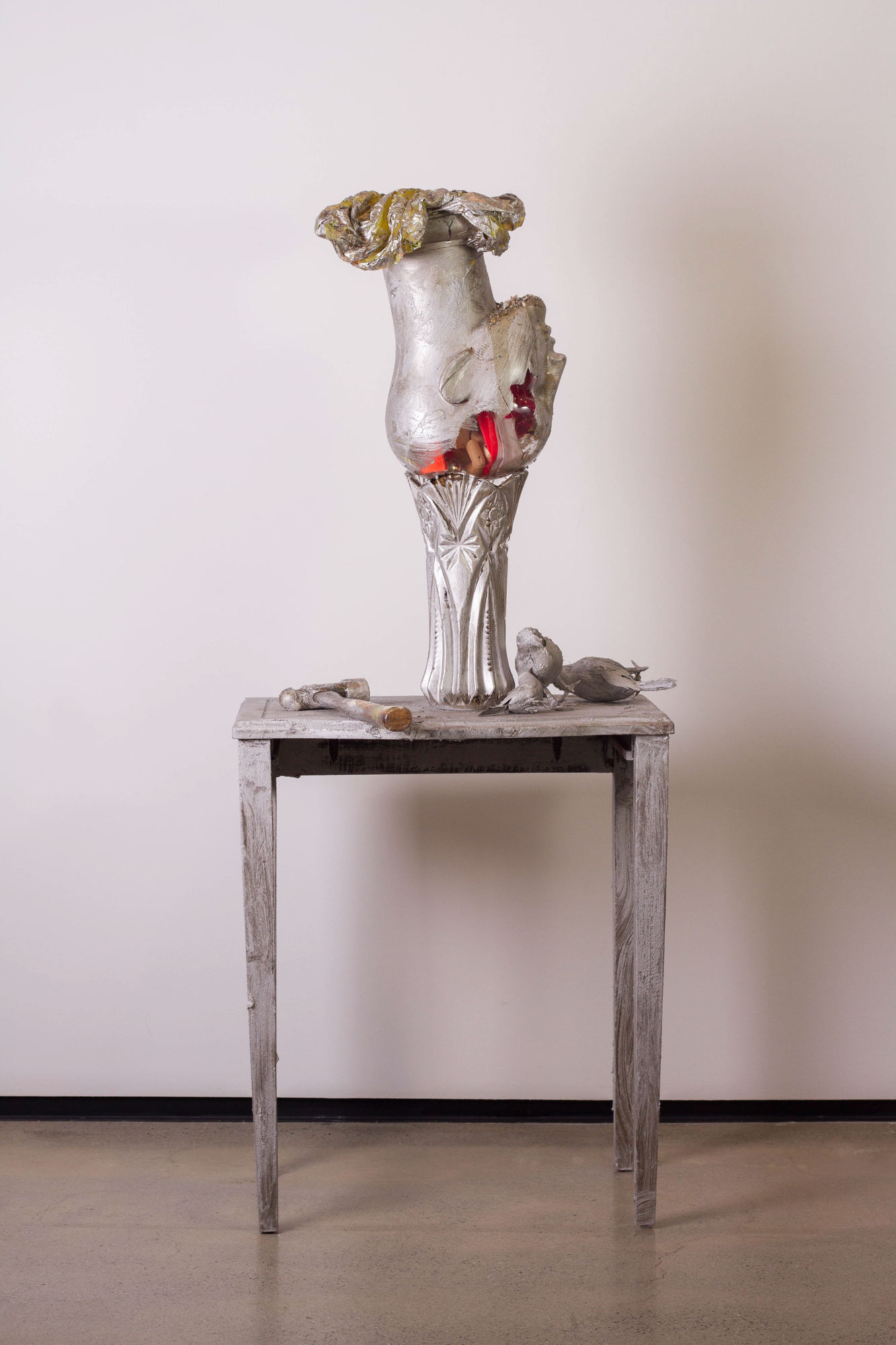 Vase, 2018 Fishing lure, table, mannequin head, glass vase, hammer, craft birds, aluminum paint