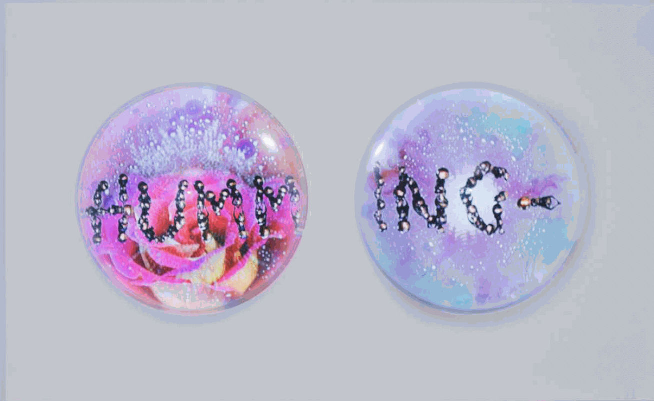 WHERE TODAY TURNS INTO TOMORROW, 2015 Two-channel video composition with sound, 7:15min, looped self-contained videosculpture; acrylic hemispheres, video screen embedded in wooden white finished case on/off switch and sound control