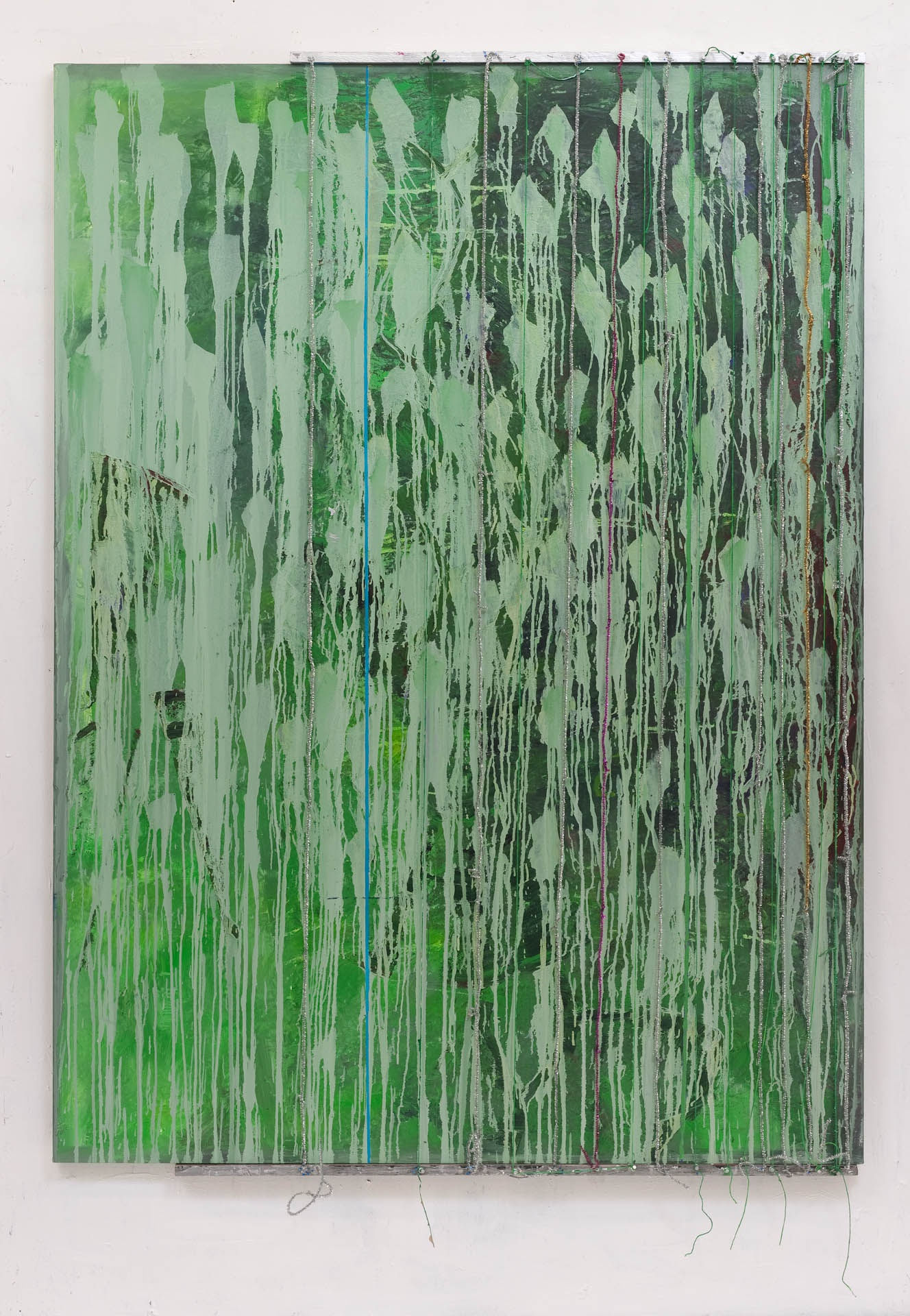 Pretending to See the Future, 2011 Signed on verso Oil, acrylic, glitter pipe cleaners, string, wood, and pushpins on canvas