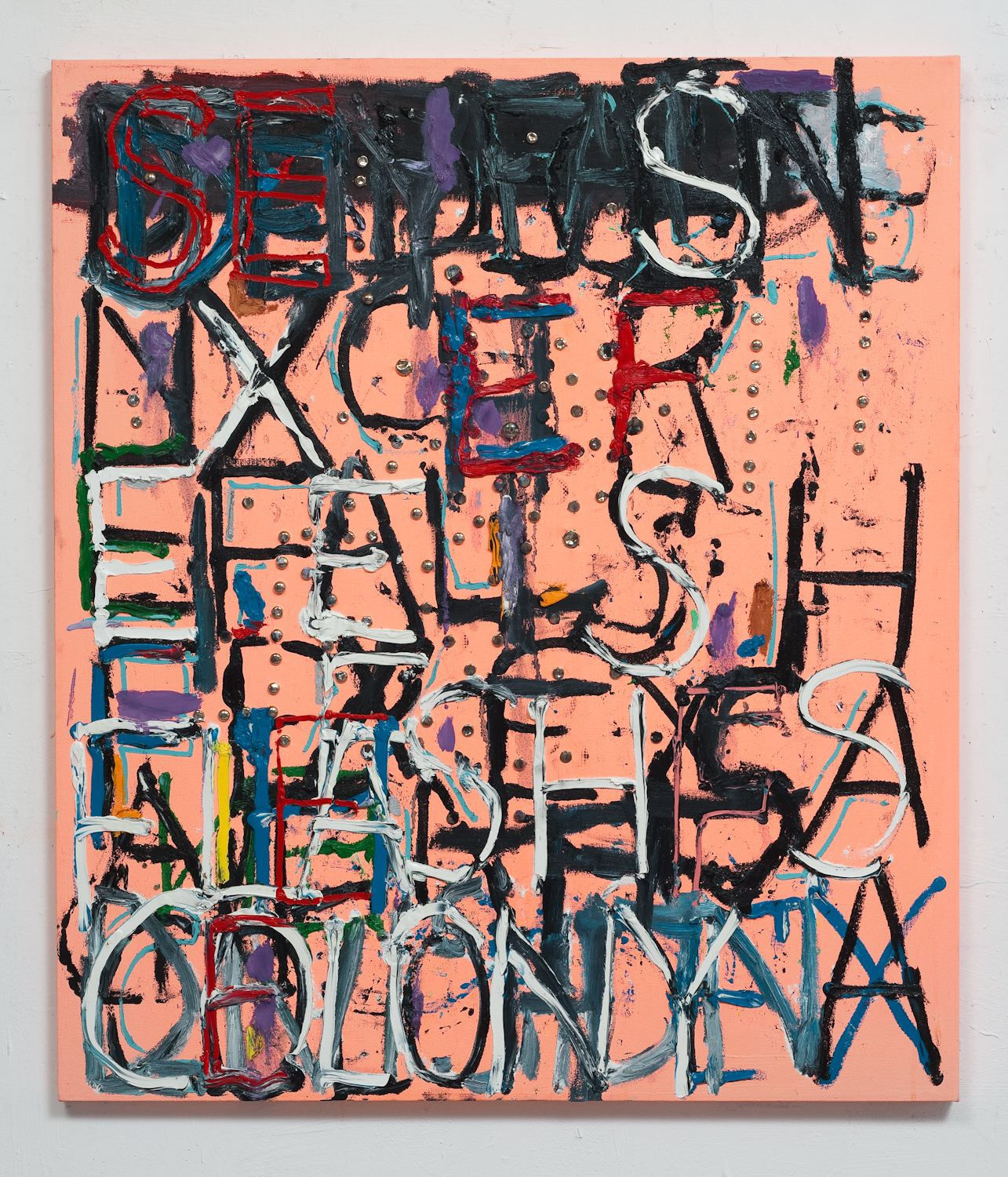 Colony, 2013 Signed on verso Oil, charcoal, metal studs, and tinted gesso on canvas