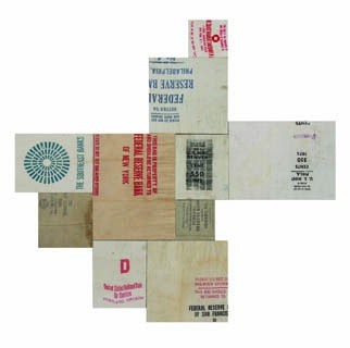 The South East Banks, 2012 Signed and stamped on verso Found canvas and linen currency bags over panel