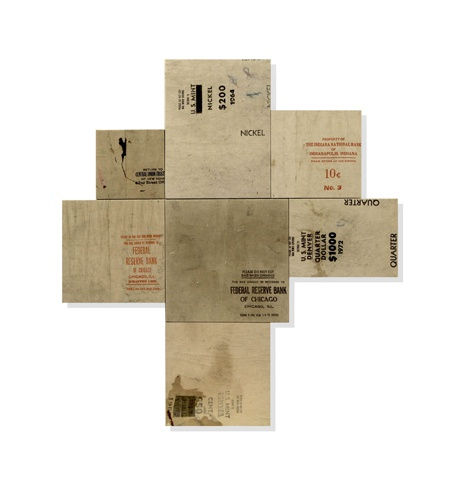 Central Union Trust, 2012 Signed and stamped on verso Found canvas and linen currency bags over panel