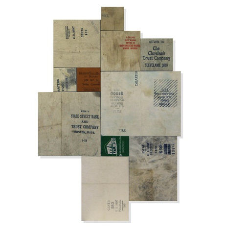 The Miners, 2012 Signed and stamped on verso Canvas currency bags over panel on shaped panel