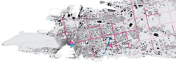 Current view of Split with location of the exhibitions: A / Faculty of Philosophy, B / Kula Gallery