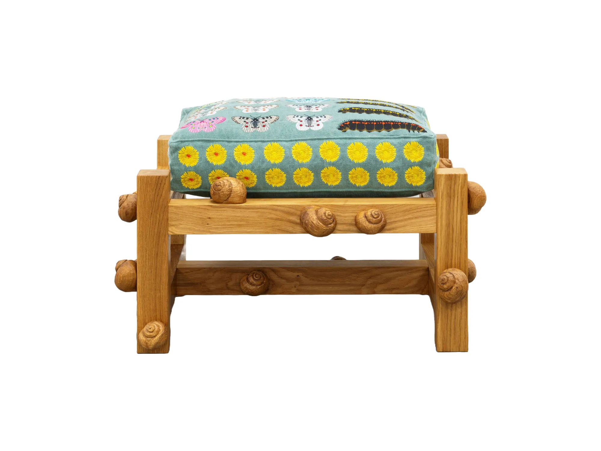 DANIEL DEWAR & GRÉGORY GICQUEL, Oak bench with Parnassius apollo butterflies, Parnassius apollo butterfly caterpillars, daisy flowers, dandelion flowers and snails, 2025