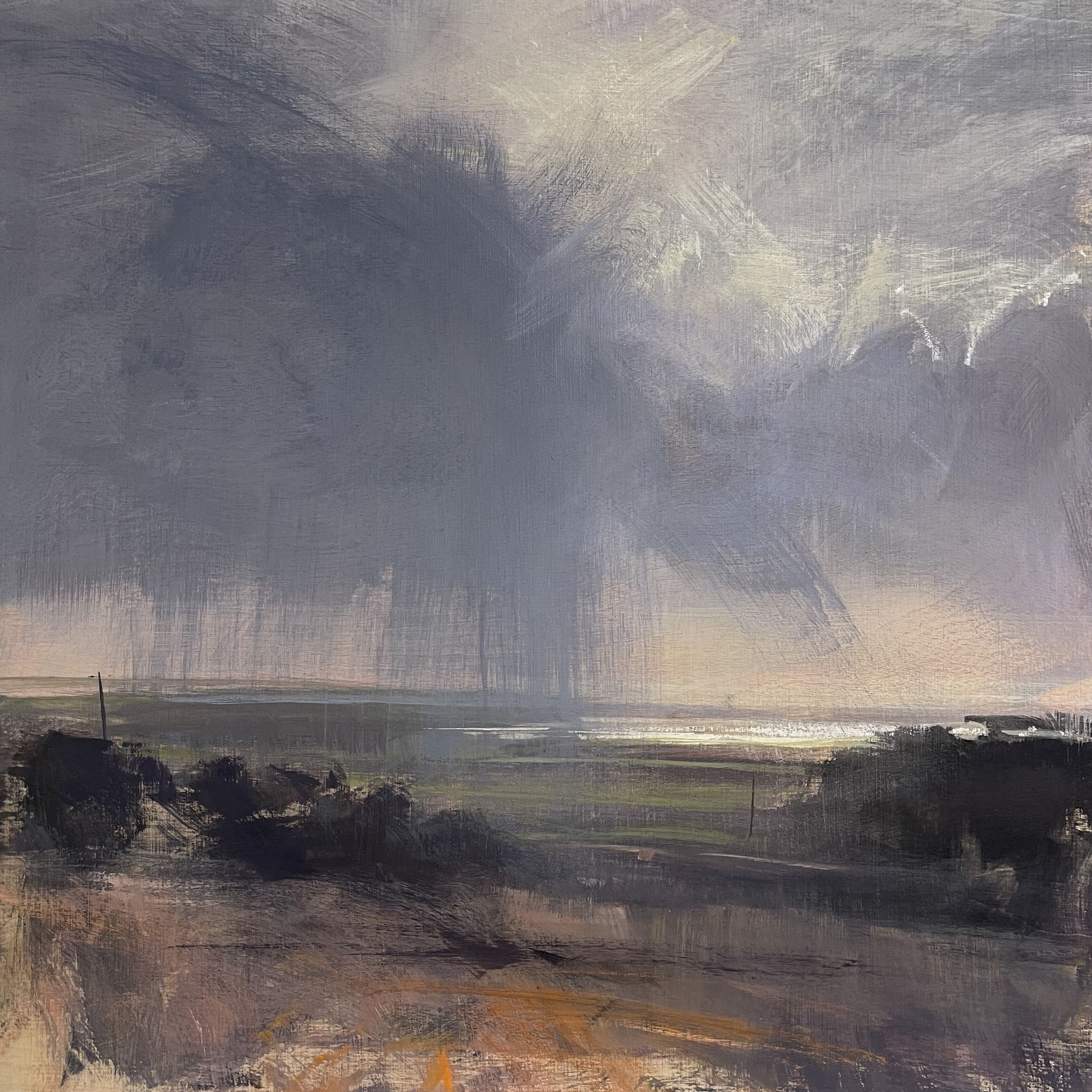 Where the Sky Breaks explores the tension between storm and light &mdash; a painting about energy, stillness, and quiet resilience.