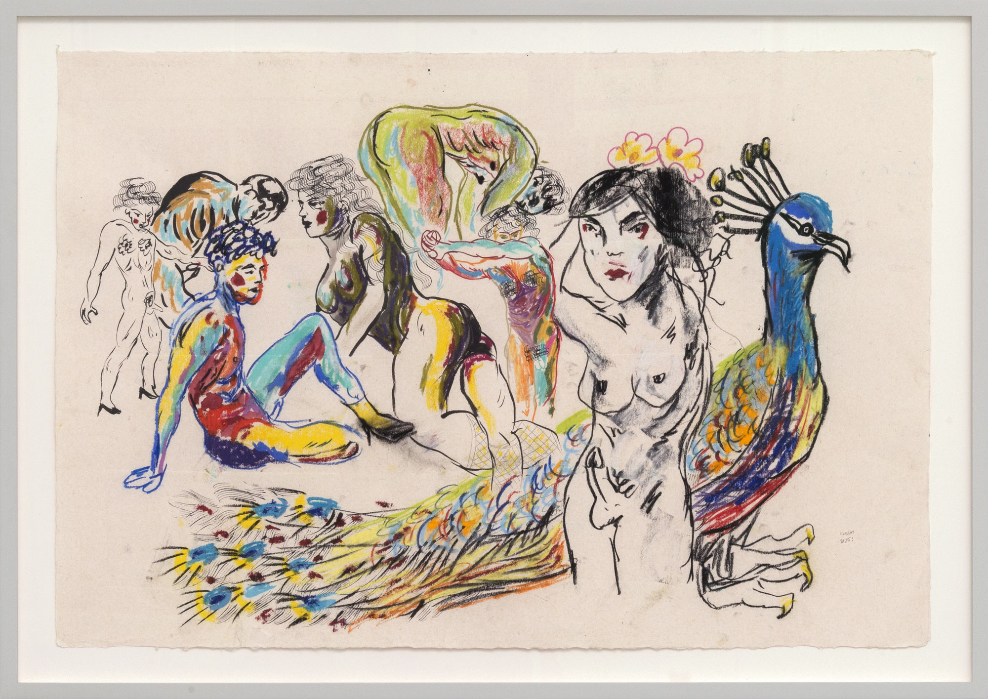 “Feathers” (2025), crayon and ink on paper by Karim Boumjimar, in Mouths, Vessels, Portals at Alice Folker Gallery.