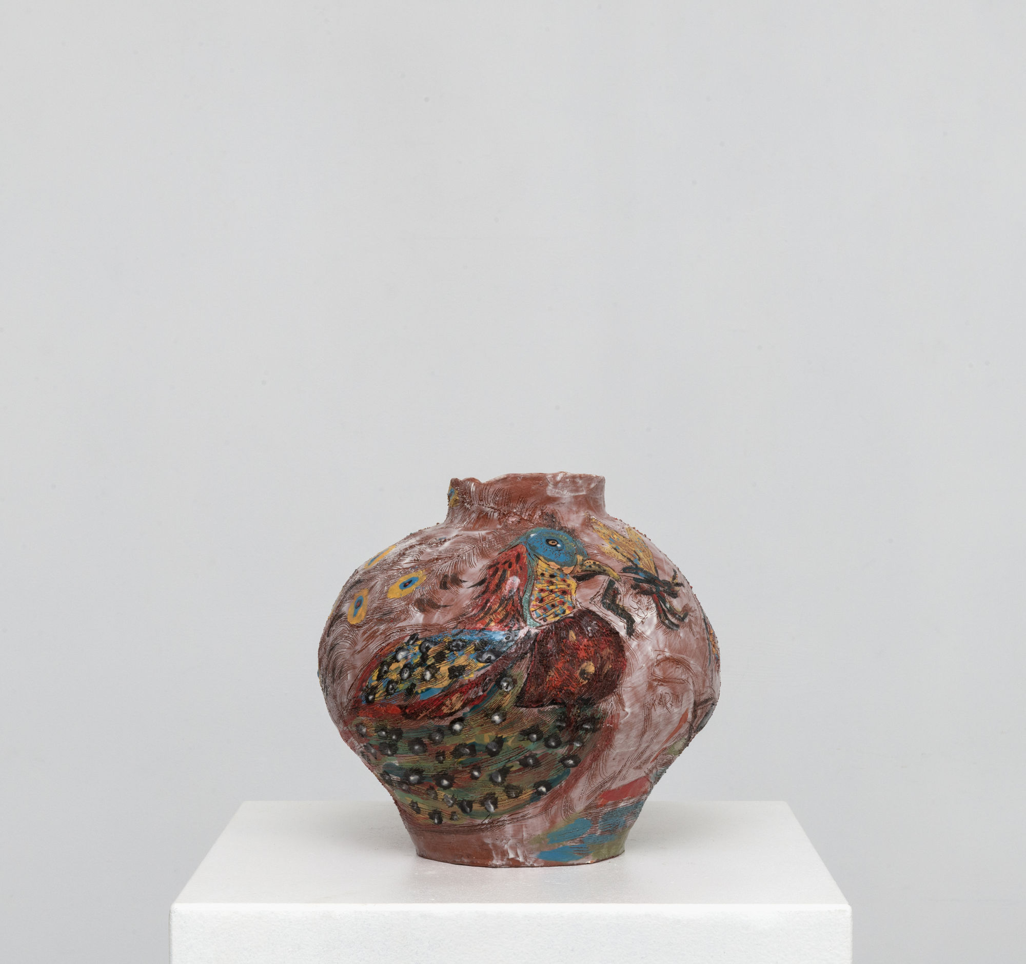 “Grass Shopper” (2025), glazed earthenware sculpture by Karim Boumjimar, in Mouths, Vessels, Portals at Alice Folker Gallery.