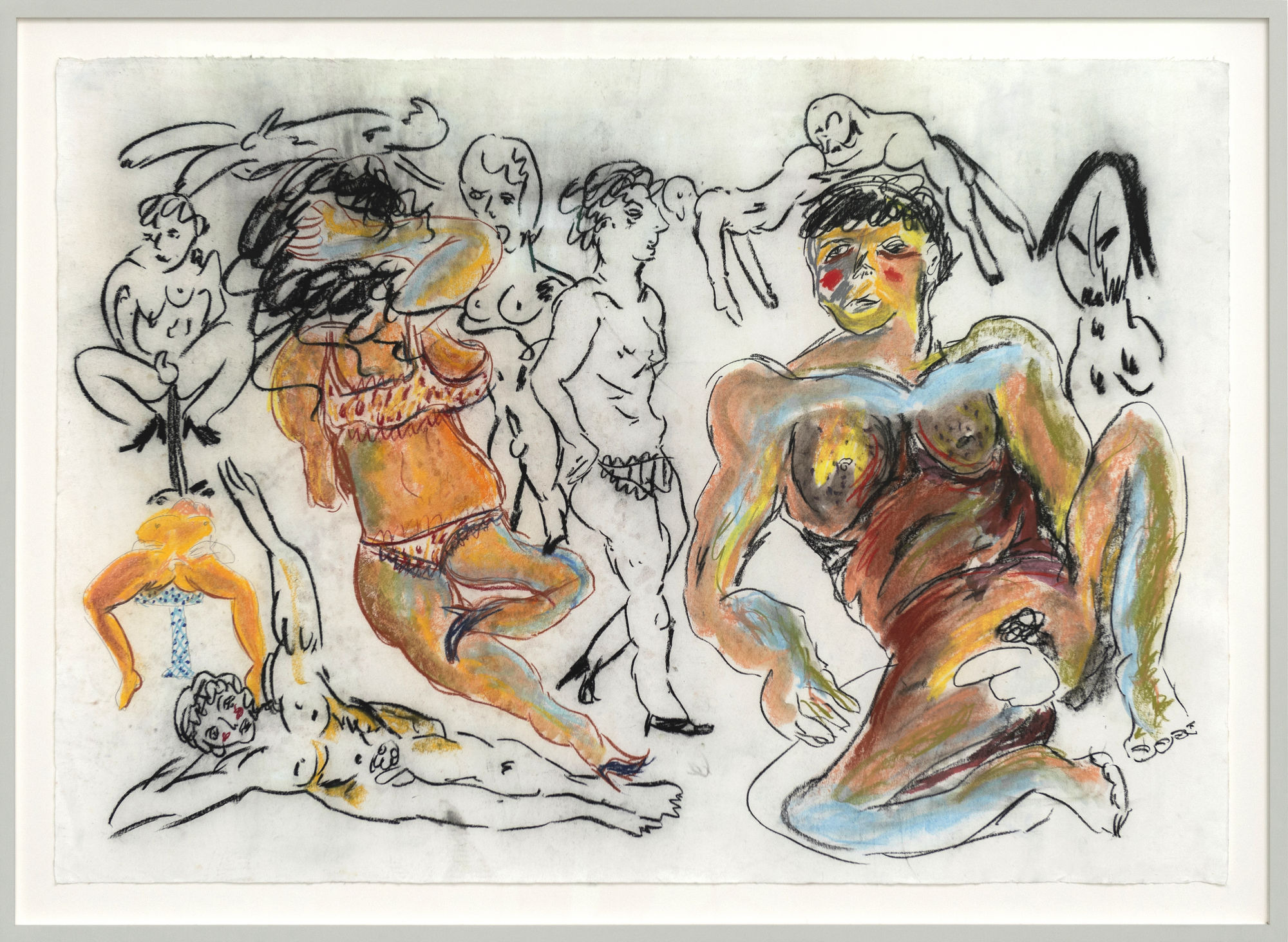 Karim Boumjimar 2025 Island Of Angels Mouths Vessels Portals Alice Folker Gallery, watercolour and oil stick on paper, handmade grey frame, museum glass