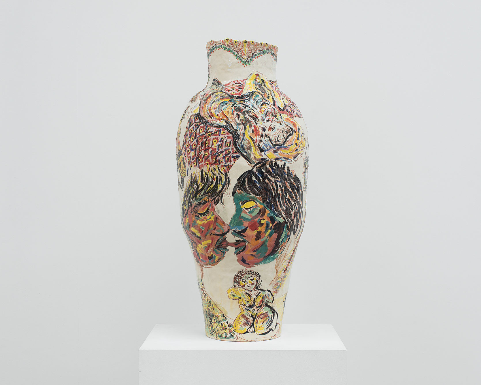 “Two Bodies Kissing” (2025), glazed earthenware sculpture by Karim Boumjimar, from Mouths, Vessels, Portals at Alice Folker Gallery.